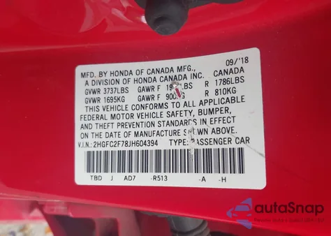 2018 Honda Civic Ex z USA, uszkodzony, nr VIN 2HGFC2F78JH604394